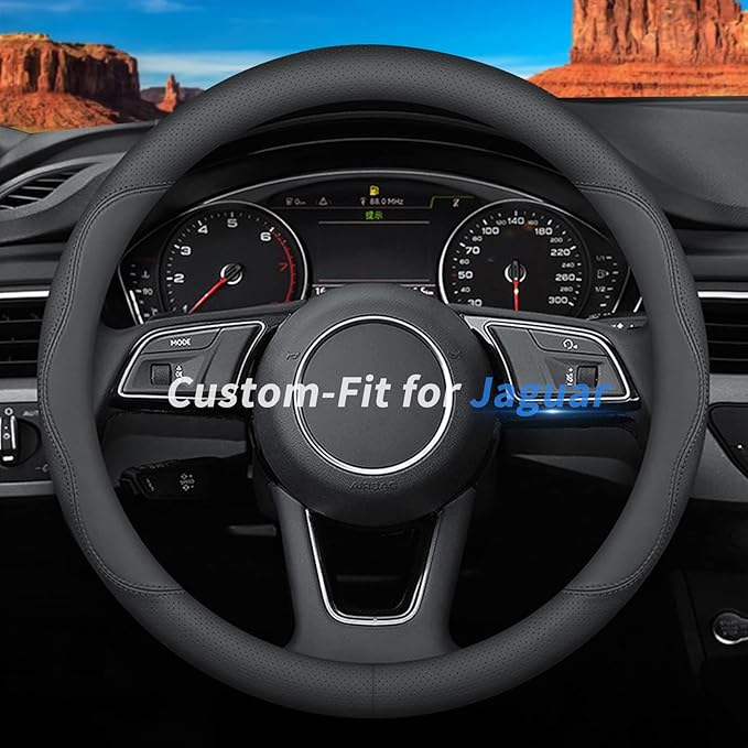 Custom-Fit for Jaguar Steering Wheel Cover, Premium Leather Car Steering Wheel Cover with Logo, Non-Slip, Breathable (B-Style,for Jaguar)