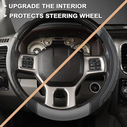 GIANT PANDA Car Steering Wheel Cover for RAM 1500 2500 3500, Compatible with Dodge RAM 15.5-16 inches - Black+Gray