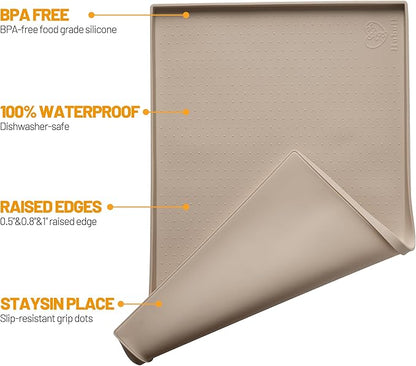 Hubulk Dog Feeding Mat,100% Waterproof Food Grade Silicone Pet Food and Water Bowl Placemat,Dishwasher, High Raised Edge to Prevent Spills,Nonslip Tray to Stop Messes on Floor（24"x16"x0.5", Taupe）