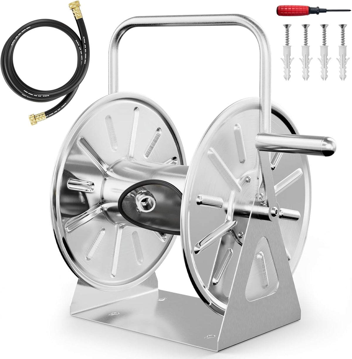 SPECILITE Stainless Steel Garden Hose Reel, Portable Outdoor Metal Wall Mount/Floor Spool, Holds 5/8 Inch 75ft Capacity, with 6ft Leader Water Pipe, UV Resistant Yard, Patio