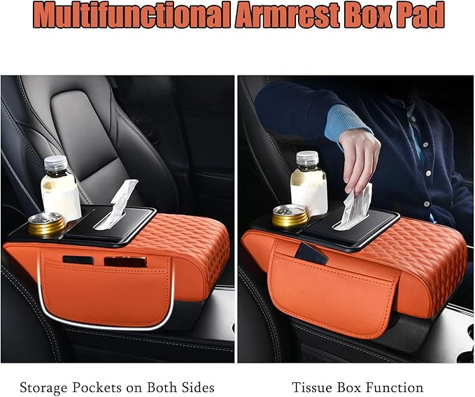 Car Armrest Center Console Cover for Cadillac Escalade 1999–2025, Center Console Pad with Cup Holder, Multifunctional Armrest Cushion,A Black+Red