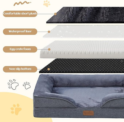 OUPEIWAWA Large Dog Bed Orthopedic with Bolster Sides Removable Egg-Crate Foam Waterproof Liner Pet Bed Sofa Couch with Removable Washable Cover Non-Slip Bottom, Dark Gray