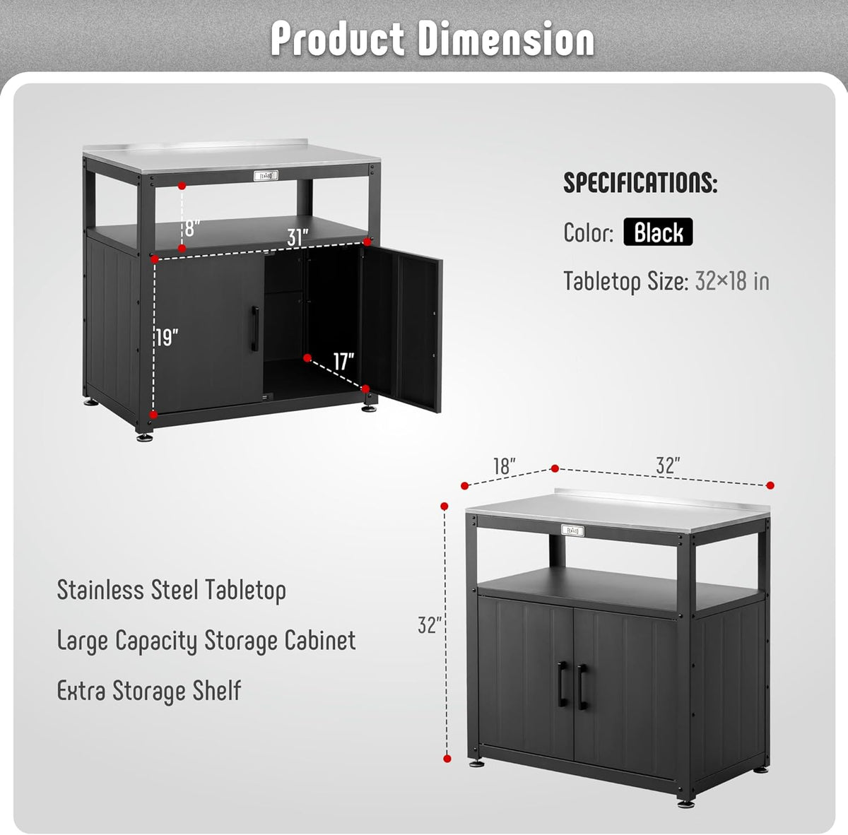 Garden Potting Bench with Storage Cabinet, Outdoor Gardening Table & Work Bench for Plants, Horticulture, Outdoor Workstation with Stainless Steel Tabletop, Outdoor Work Table