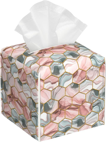 BLYKVGHQ Abstract Geometric Square Tissue Box Cover Pink and Gray Hexagon Tissue Box Holder Facial Cube Paper Dispenser Leather Decorative Organizer Home Office Desk Decor, 5.2"x5.2"x5.2"