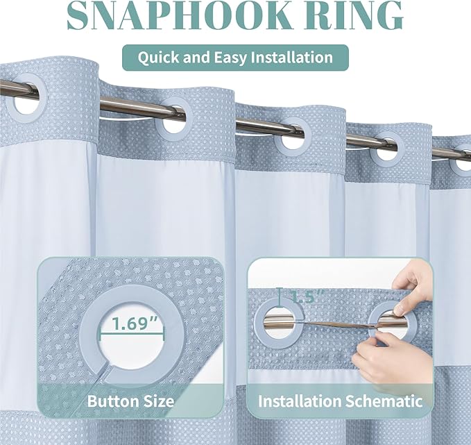 eachope ForstBlue No Hook Waffle Weave Shower Curtain with snap-in Liner Replacement, 230GSM Waterproof Fabric Hotel Shower Curtain Set for Bathroom, Through Mesh Top Window,54Wx80H