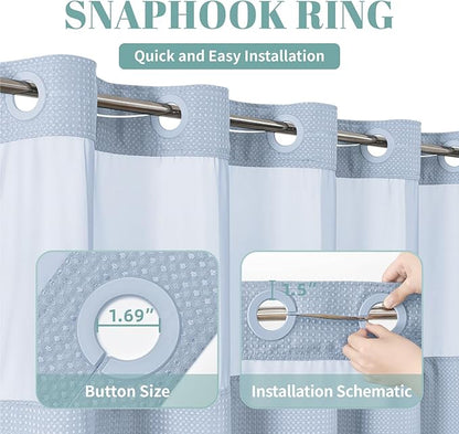 eachope ForstBlue No Hook Waffle Weave Shower Curtain with snap-in Liner Replacement, 230GSM Waterproof Fabric Hotel Shower Curtain Set for Bathroom, Through Mesh Top Window,54Wx80H