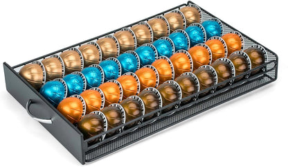 for Vertuo Coffee Capsule Storage Drawer Compatible with Nespresso Vertuoline Pods Holder Metal and Wood Top Organizer (can hold 40 Pods)