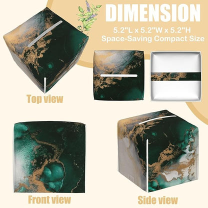 BLYKVGHQ Square Tissue Box Cover Teal and Gold Marble Tissue Box Holder Facial Cube Paper Dispenser Leather Decorative Organizer Home Office Desk Decor, 5.2"x5.2"x5.2"
