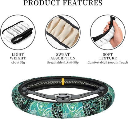Hawaiian Sea Turtles Oceans Car Steering Wheel Cover for Women Men Stretch Cloth Anti-Slip Wrap Protector Case Fit Universal Auto Accessories Decor Sweat Absorption 14-15 Inch