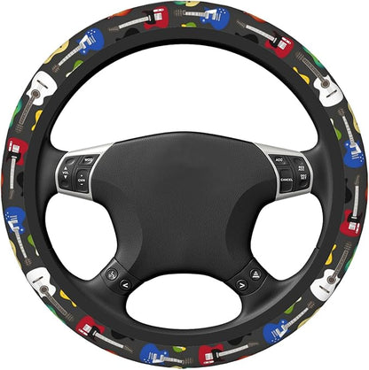 Musical Car Steering Wheel Cover for Women Acoustic Electric Guitars Men Stretch Cloth Anti-Slip Wrap Protector Case Fit Universal Auto Accessories Decor Sweat Absorption 14-15 Inch