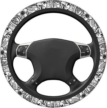 Hawaiian Polynesian Tribal Tatoo Car Steering Wheel Cover for Women Men 14-15 Inch Stretch Cloth Anti-Slip Wrap Protector Case Fit Universal Auto Accessories Decor Sweat Absorption