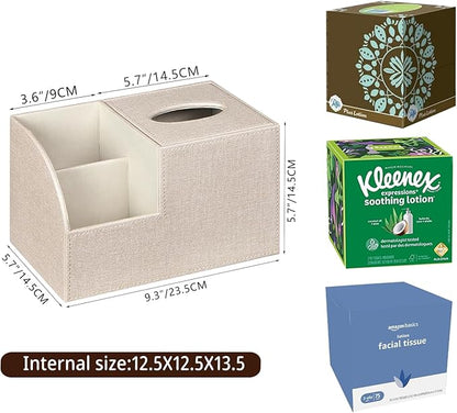 PU Leather Square Tissue Box Cover - Multi-Functional Tissue Box Holder, Tissue Box Cover with Storage ,Tissue and Remote Control Holder, Cube Tissue Box Organizer Bedroom Nightstand End Table