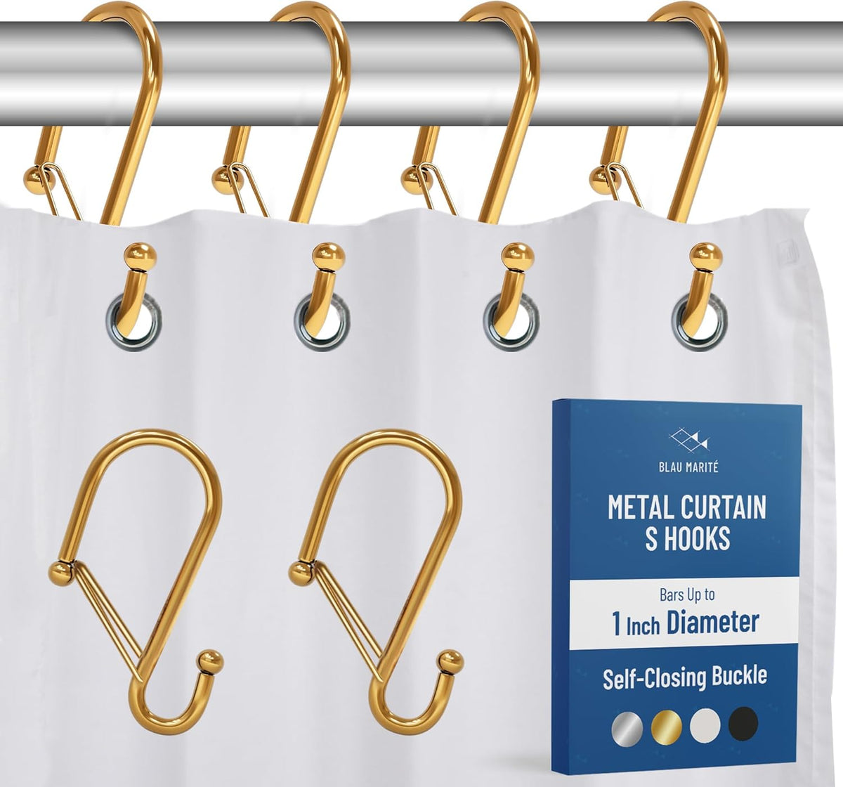 12 Decorative Metal Shower Curtain Hooks, S-Shaped Hooks with Anti-Fall System, Rust-Proof Shower Rings with Safety Buckle, Fits Rods Up to 1-Inch Diameter (S, Gold)