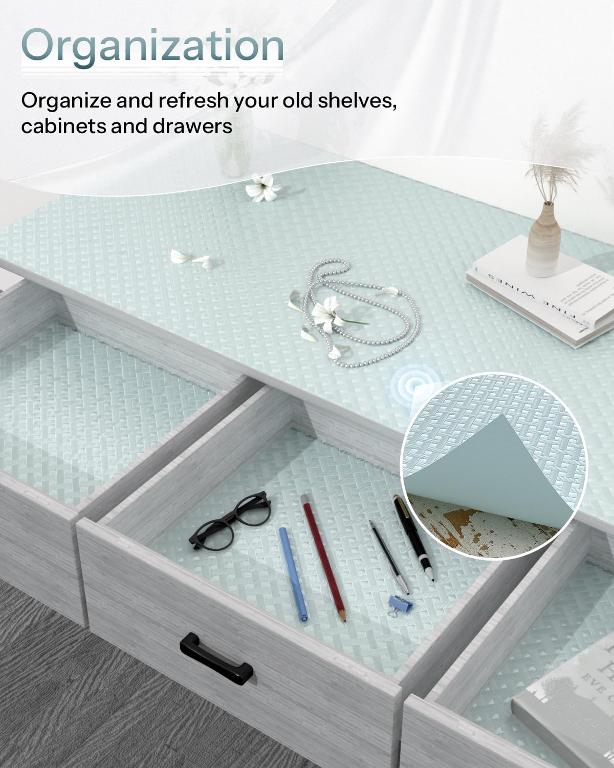 Shelf and Drawer Liner for Kitchen Cabinet, Non-Adhesive 12in x 240in Waterproof Contact Paper Refrigerator Liners Thickened Durable EVA Material Non Slip Mat for Dresser Cupboard Pantry Protector