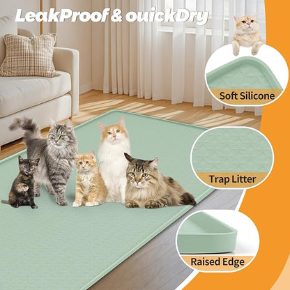 Bartuke Cat Litter Mat, Extra Large 51" x 25.6" Silicone Mat Litter Trapping Mat for Scatter Control, Soft on Kitty Paws, Easy to Clean (Green)