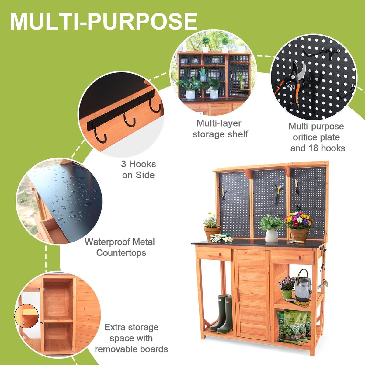Outdoor Potting Bench,Wooden Potting Table with Metal Tabletop,Garden Work Bench with Drawer and Free Matching Storage Cabinet Shelf/Hooks for Backyard,Patio,Greenhouse (Black, 44 * 20 * 63in)