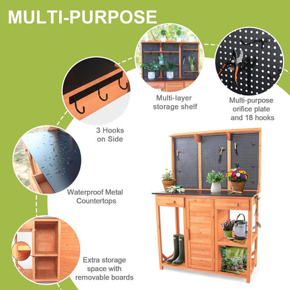 Outdoor Potting Bench,Wooden Potting Table with Metal Tabletop,Garden Work Bench with Drawer and Free Matching Storage Cabinet Shelf/Hooks for Backyard,Patio,Greenhouse (Black, 44 * 20 * 63in)