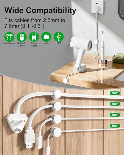 OneLeaf 12 Pack Spring Cable Clips for Phone Charger, One-Hand Cord Holder for Nightstand & Desk, Rotatable Desk Cable Management with Strong Adhesive, White