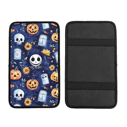 Skull Skellington Halloween Pumpkins Sunflowers Car Auto Armrest Cushion Cover Accessories Center Console Seat Box Pad Protector Universal Decoration for Most Vehicle SUV Truck