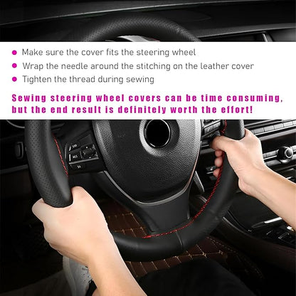 Ziciner Genuine Leather Steering Wheel Cover, Stitch on Wrap, Breathable Anti-Slip Car Steering Wheel Protector for Max Diameter 15 Inch, DIY Sewing with Needles Thread (Beige, Hole)