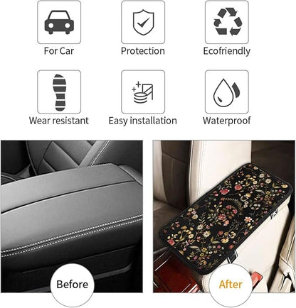 Car Center Console Cover Flower Vintage Retro Armrest Cover Cushion Cute Floral Rustic Universal Car Armrest Seat Box Pad Green Leaf Car Interior Accessories Protector for Most Vehicle