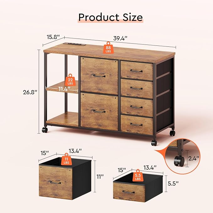 6 Drawer File Cabinet with Charging Station Rolling Printer Stand with Open