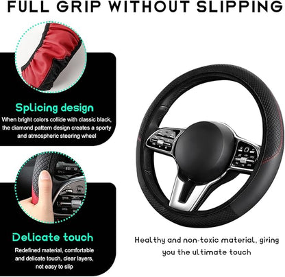 Car Steering Wheel Cover, 15 inch Carbon Fiber Microfiber Leather Elastic Steering Wheel Protector, Breathable Anti-Slip Comfortable Steering Wheel Covers for Most Cars (Black, AD)