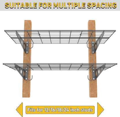 Ultrawall Garage Wall Shelves, 2 x 4 ft Wall Mounted Storage Shelves, Heavy Duty Wall Shelving with Hooks, Holds Up to 220 Lbs, 2Pack, Black