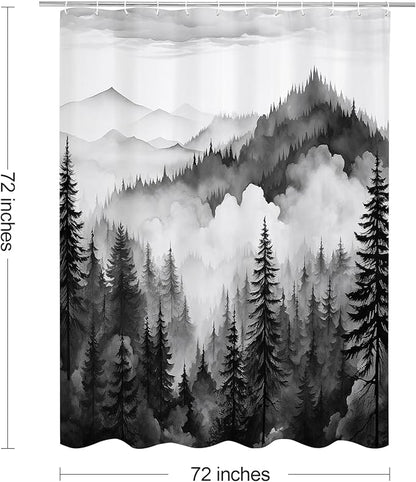 Litabel Black and Grey Misty Pine Forest Shower Curtain, Mountain Foggy Woodland Scenery Tree Shower Curtains for Chic Rustic Bathroom, Abstract Modern Waterproof Nature-Themed Decor, 72x72 Inches