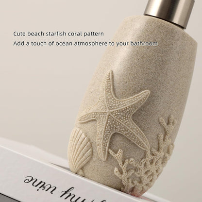 Bathroom Accessories Set, 4 PCS Bathroom Accessory Sets with Soap Dispenser, Toothbrush Holder, Tumbler, Soap Dish, Bathroom Countertop Organizer, Sea Bathroom Decor (Beige)