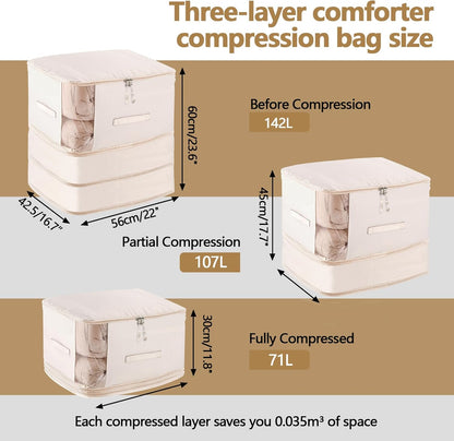 6 Pack Space Saving Comforter Storage Bag with Handle, 3-Layer Compression Blanket Storage Bags Adjustable In 3 Sizes (142L, 107L, 71L), Washable Bedding Organizer For Pillow Duvet Clothing Plush Toy