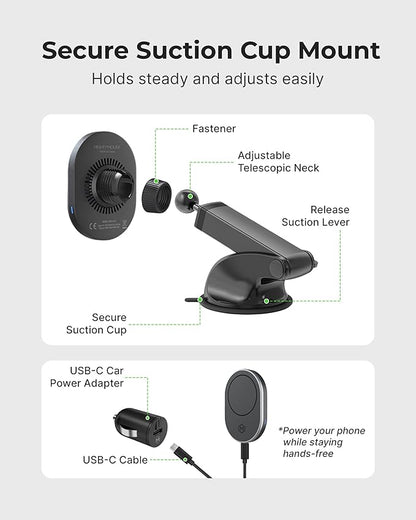 MagSafe Wireless Car Charger Suction Cup Mount for Compatible with iPhone 14/15/16/17/Galax (Version 2.0) 360° Rotation, Canadian Company Magnetic Car Phone Holder Charger, Car Gifts for Men/Women