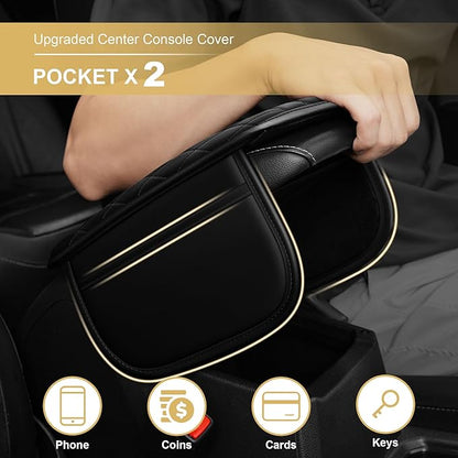 Center Console Cover for Accord: Armrest Cover for Car with 2 Storage Bags - Scratch & Wear Resistant & Waterproof Leather Console Cover,Anti-Scratch Auto Armrest Pad Accessory （Black