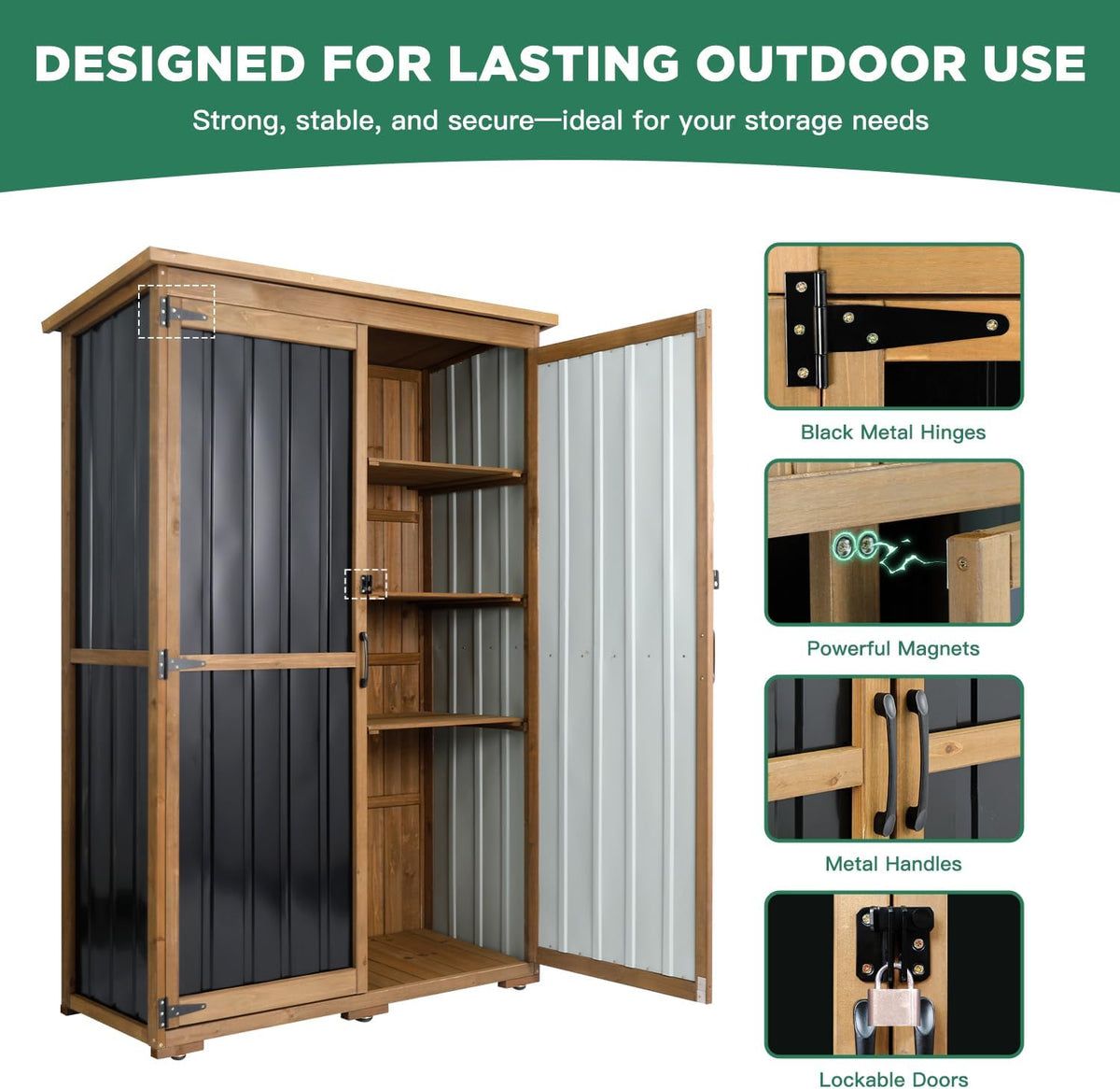 Outdoor Storage Cabinet, Wood & Metal Storage Shed with Weather-Resistant Roof, Double Lockable Doors, Removable Shelves & Adjustable Feet, for Patio, Backyard, Poolside, 46" x 18" x 68"