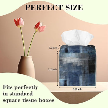 Blue and Brown Art Painting Tissue Box Cover,Abstract Boho Art Waterproof Leather Square Tissue Box Cover Case Facial Paper Organizer Dispenser Box Holder for Home Office Bathroom Vanity Countertop