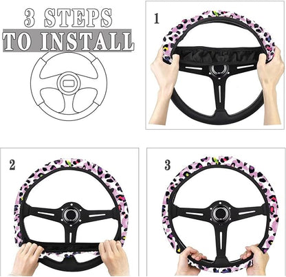 Universal Non-Slip Steering Wheel Cover, 15-inch Polyester Material Driving Accessories, Adjustable for Car and Truck(Vintage Lavender Colorful Leopard)
