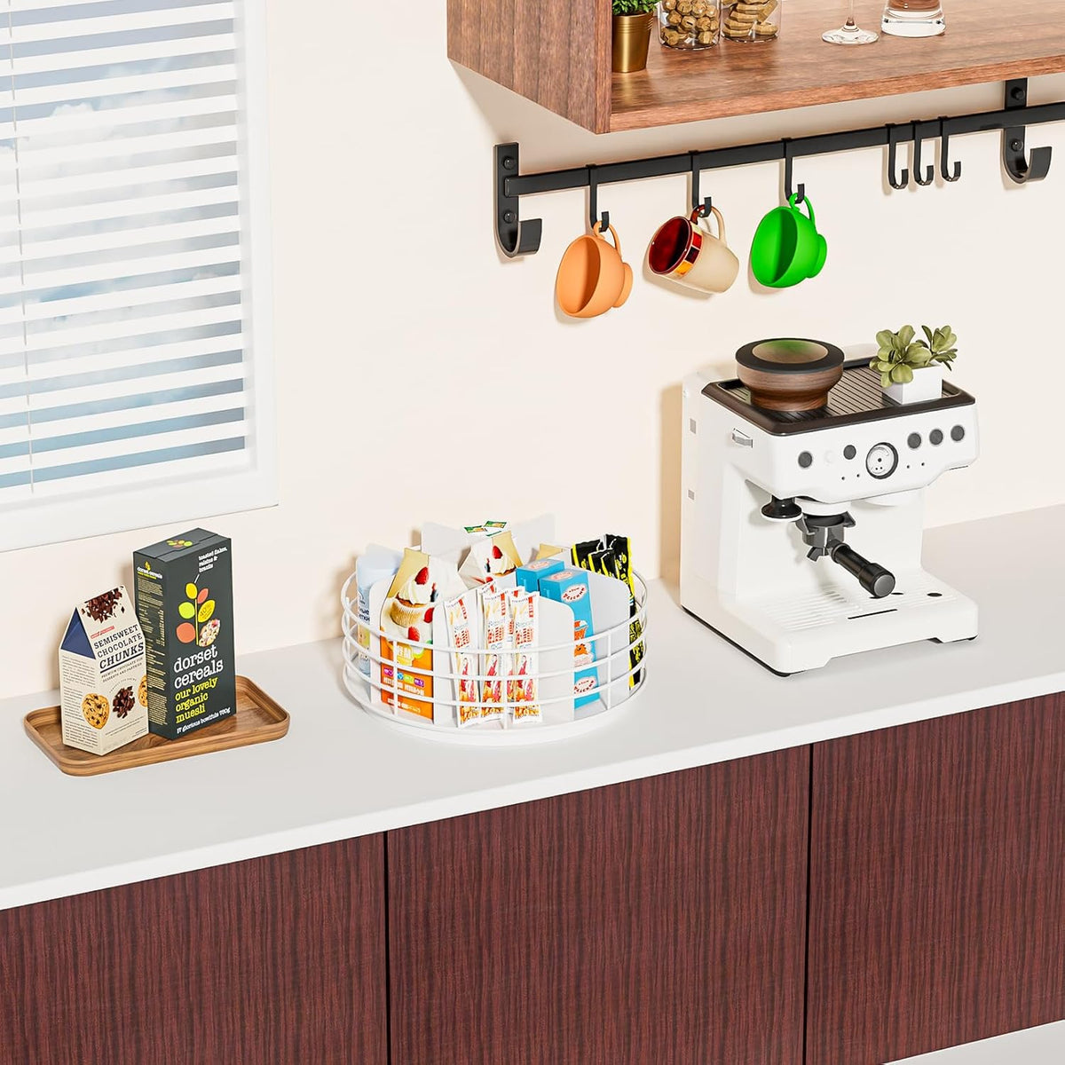 Snack Organizer - Versatile Snack Storage, Lazy Susan with Convenient Grab-and-Go Design, Metal Snack Holder for Home, Office, Breakroom, 10.85" L x 10.85" W x 5" H (White)