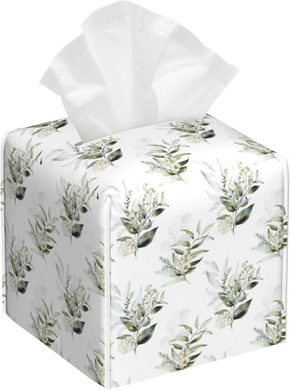 Watercolor Floral Flower Tissue Box Cover,Green Eucalyptus Leaves Waterproof Leather Square Tissue Box Cover Case Facial Paper Organizer Dispenser Box Holder for Home Office Bathroom Vanity Countertop