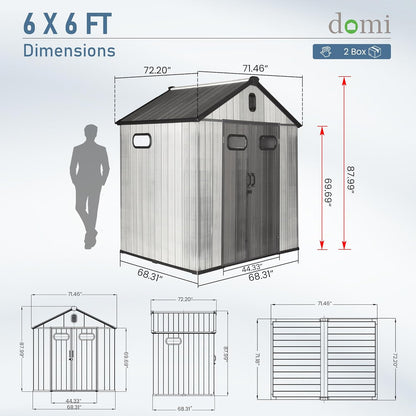 Domi 6x6 FT Outdoor Resin Storage Shed, All-Weather Double-Wall Storage Building for Backyard, Garden, Lawn Tools, Mower, Bike & Pool Equipment, Lockable Doors, Ventilated Roof, Grey