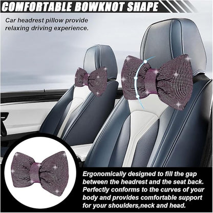 1 PCS Rhinestone Car Headrest Neck Pillow, Auto Headrest Cushion for Driving Seat, Bling Crystal Diamond Bow Neck Support Relax Pillow, Car Interior Accessories for Women Girly (Purple)