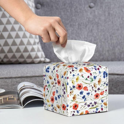 PVC Tissue Box Cover Holder,Watercolor Flower Square Decorative Organizer,5.2"X5.2"X5.2" Tissue Case for Bathroom,Tabletop,Car,Office