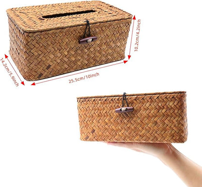 Shonmogar Tissue Box Cover Rectangle Seagrass Tissue Box, Woven Tissue Box Holder with Lid, Farmhouse Style Tissue Cover for Bathroom Toilet Living Room Bedroom Kitchen Table Desk Office Car, Caramel