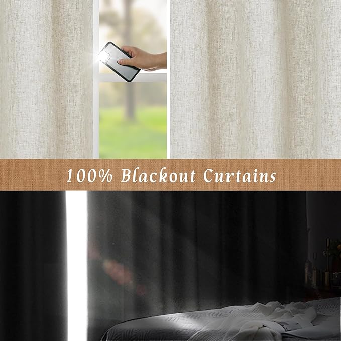 LAMIT 100% Blackout Short Linen Curtains