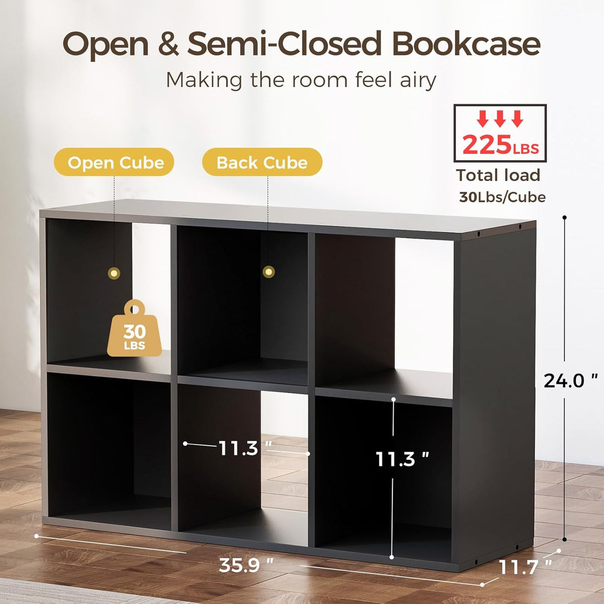 COMHOMA 6 Wood Cube Storage Organizer with Open Back and Removable Back Panels, 11In Black Cube Storage Bookshelf, Cubicle Shelf Bookcase for Home Office Bedroom Living Room, Vertical or Horizontal