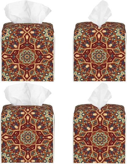 PVC Tissue Box Cover Holder,Mandala Square Decorative Organizer,5.2"X5.2"X5.2"Tissue Case for Bathroom,Tabletop,Car,Office