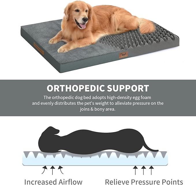 Tail Stories Plush Dog Bed for Medium Dogs, Waterproof Dog Crate Mat Orthopedic Egg Crate Foam Pet Bed with Washable Removable Oxford Cover, Gray