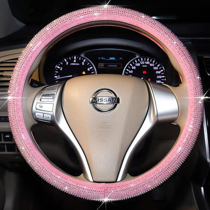 Pink Bling Steering Wheel Cover for Women Sparkly Rhinestone Bedazzled Car Accessories Diamond Cute