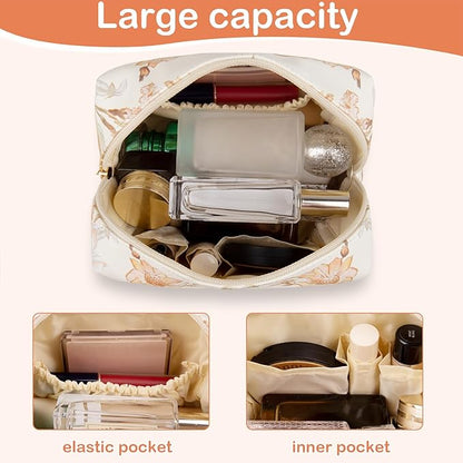 Floral Waterproof Makeup Bag, Leather Cosmetic Bag with Compartments, Zipper Make up Pouch Organizer, Portable Storage Travel Toiletry Bag Gifts for Women Girls(Black Flower)