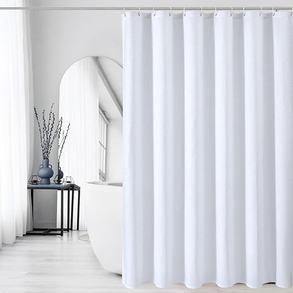 Gibelle Extra Long Shower Curtain 72 x 84, Tall Waffle Weave Textured Fabric Shower Curtain for Bathroom, Water Repellent, Machine Washable, White