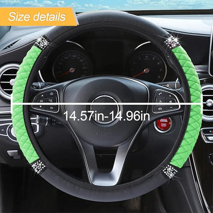 LoyaForba Bling Soft Leather Steering Wheel Cover, 15 Inch Colorful Rhinestones Auto Elastic Steering Wheel Protector, Sparkly Crystal Diamond for Women Girls, Car Accessories for Most Cars (Green)